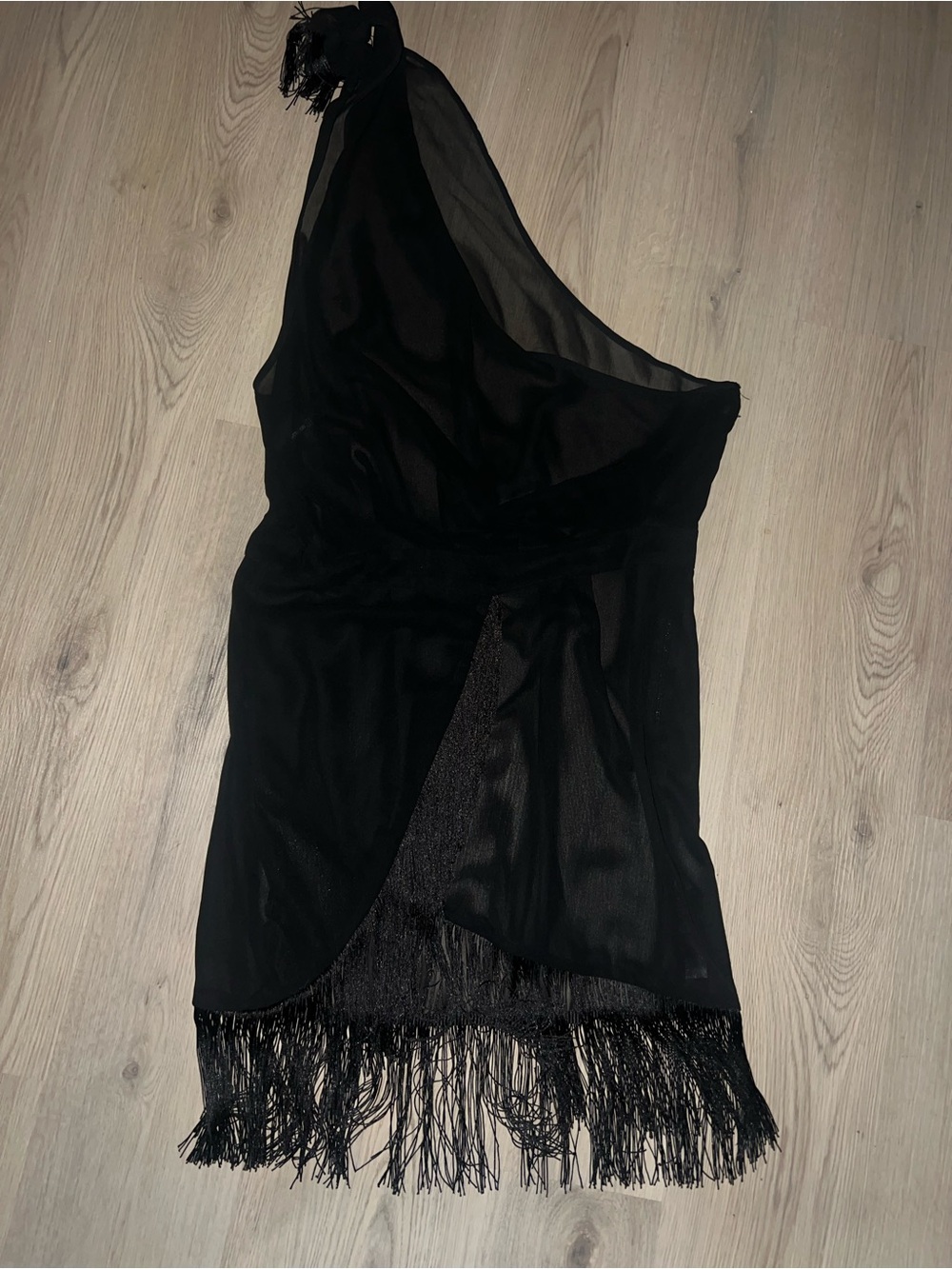 PrettyLittleThing Black One Shoulder Fringe Swim Coverup Size 12 Sheer